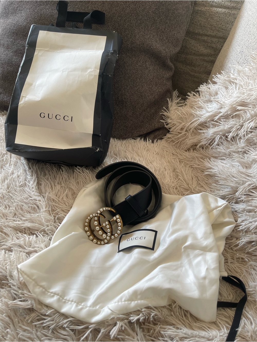 Gucci Black Leather Belt with Gold Pearl Double G Buckle